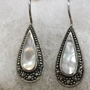 Sterling Silver 925 Marcasite Outlined Mother of Pearl Drop Earrings